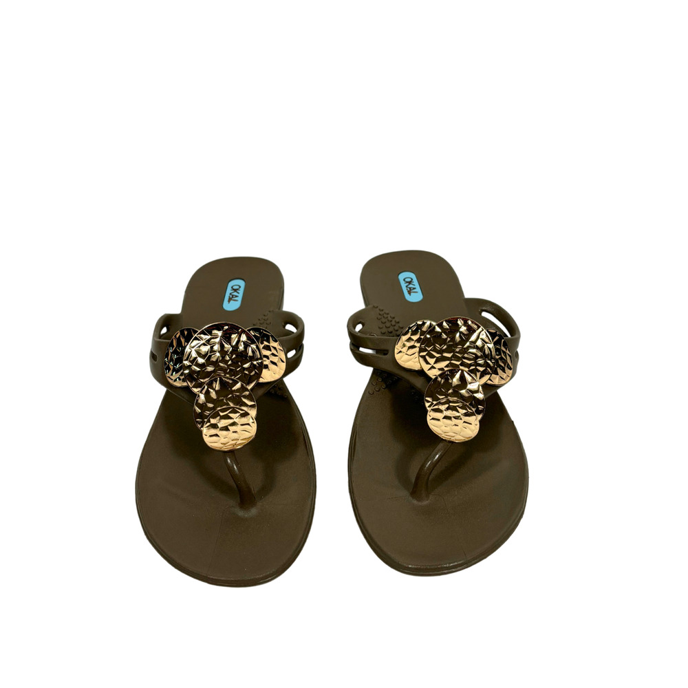 OKA-B Brown Rubber Flip Flop W Gold Embellishment 7